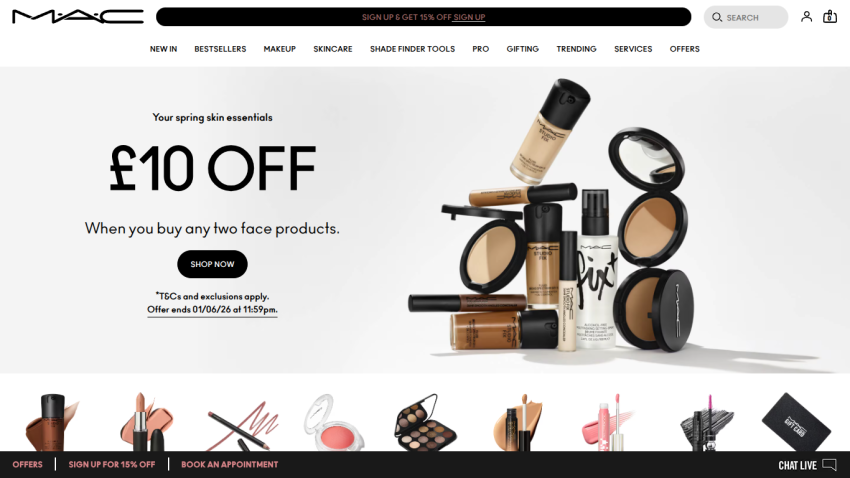 MAC Cosmetics promotional banner offering £10 off on face products with featured items.