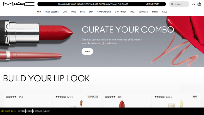 MAC Cosmetics homepage featuring lip products and a call to action for lip look customization.