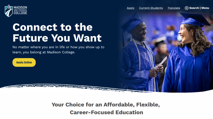 Homepage of Madison College featuring students in graduation attire and a call to action.