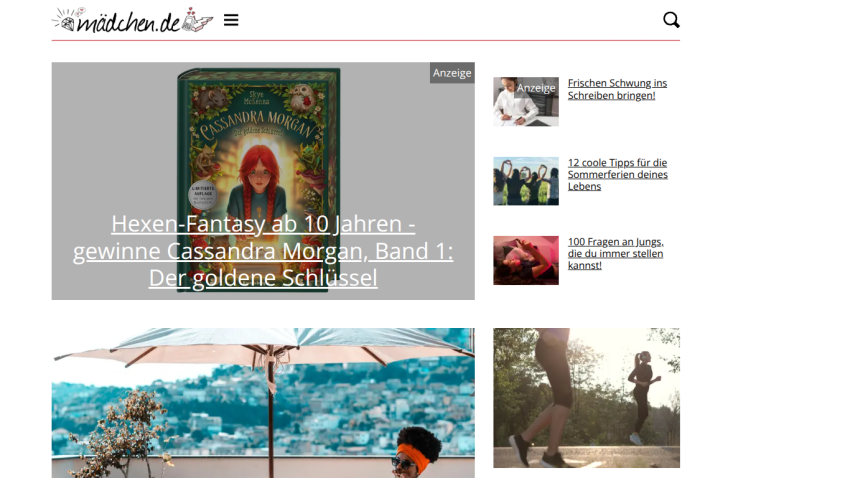 Website header with Mädchen.de logo, book giveaway promotion for Cassandra Morgan, and article links on writing, summer tips, and questions for boys