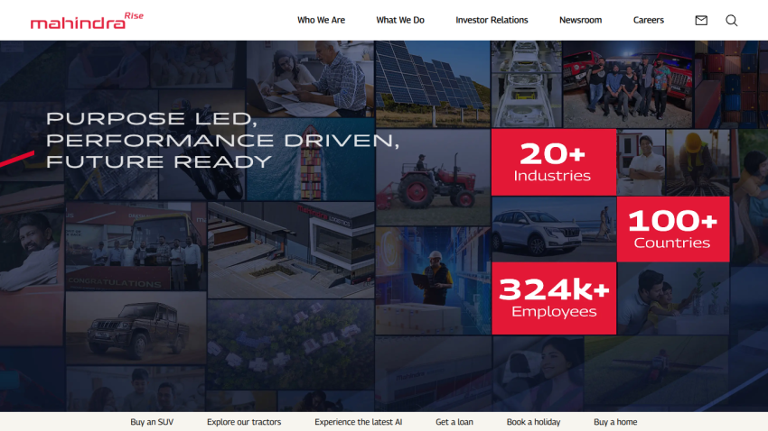 Homepage of Mahindra showcasing key statistics and a purpose-driven message.