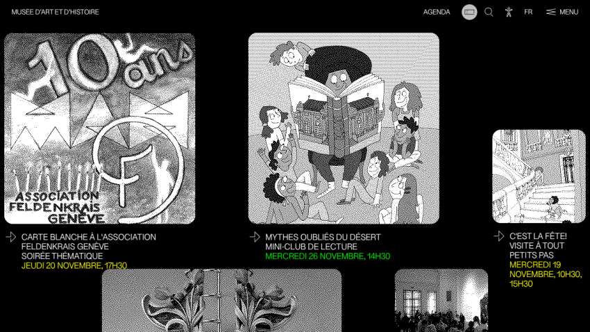 Musée d'Art et d'Histoire website showing upcoming events with dates and times in November