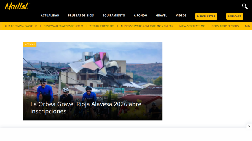Maillot website with navigation and headline about Orbea Gravel Rioja Alavesa 2026 opening registrations