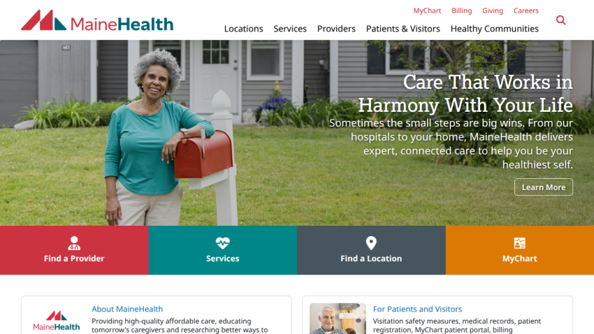 Homepage of MaineHealth featuring a woman by a mailbox and key service links.