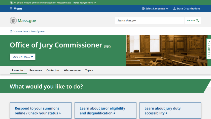 Massachusetts Office of Jury Commissioner homepage with navigation and options to respond to summons, learn about juror eligibility and jury duty accessibility