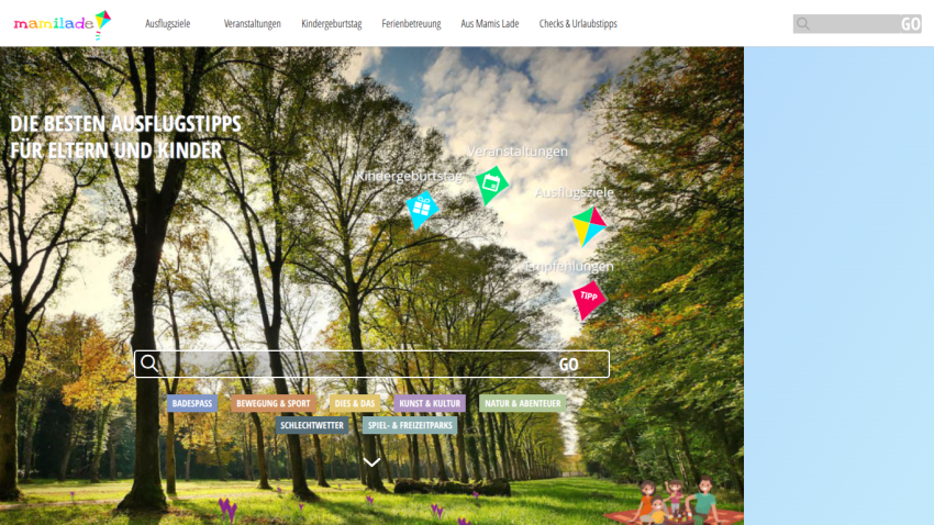 Website showcasing tips for family outings with a scenic background and search bar.