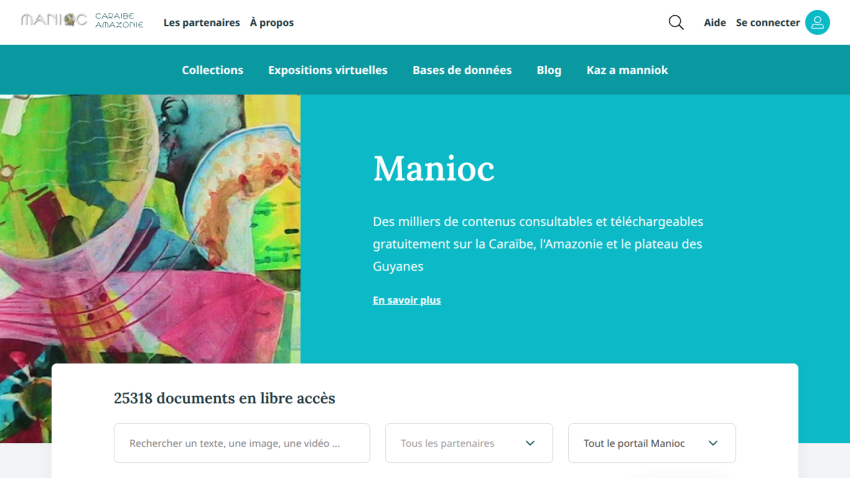 Manioc portal offering thousands of free downloadable contents on the Caribbean, Amazonia, and Guyanas with search and filter options.