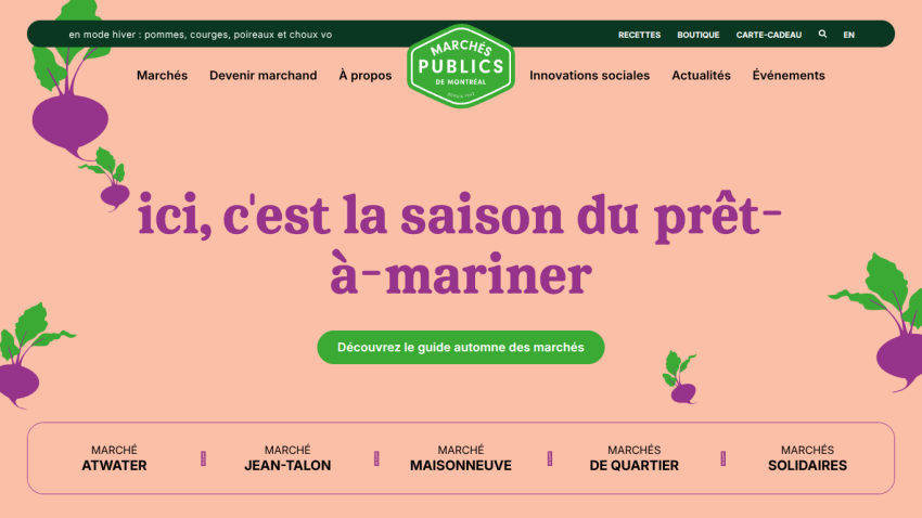 Marchés Publics de Montréal website with autumn market season message and navigation links