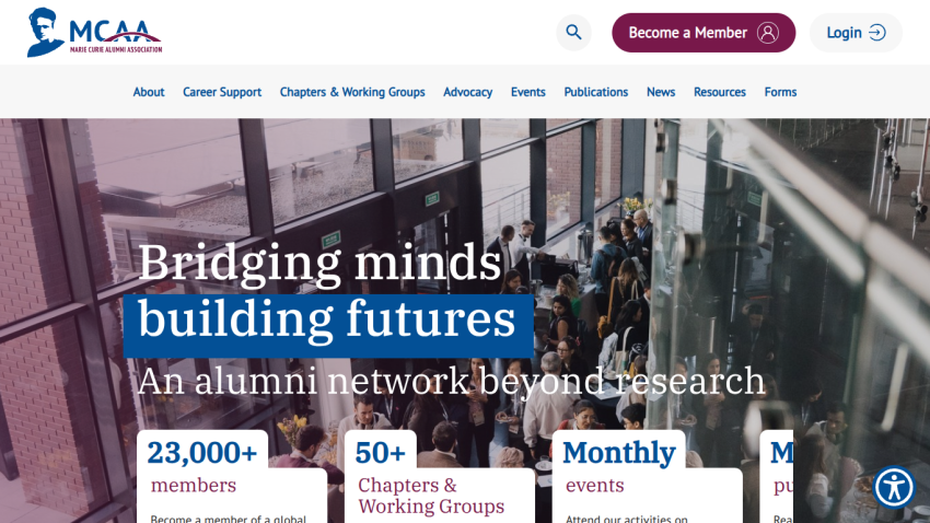 Marie Curie Alumni Association homepage with headline Bridging minds building futures and stats on members, chapters, and events