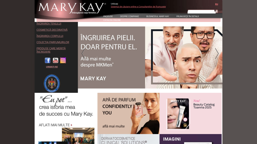 Mary Kay website homepage with skincare promotion, perfume ad, beauty catalog, and success story highlights