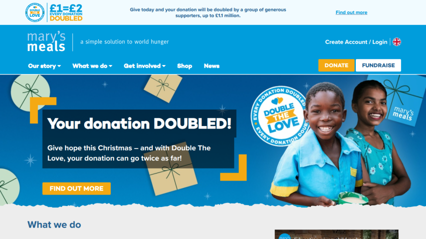 Mary's Meals homepage with donation matching campaign and smiling children, navigation menu, and call to action buttons