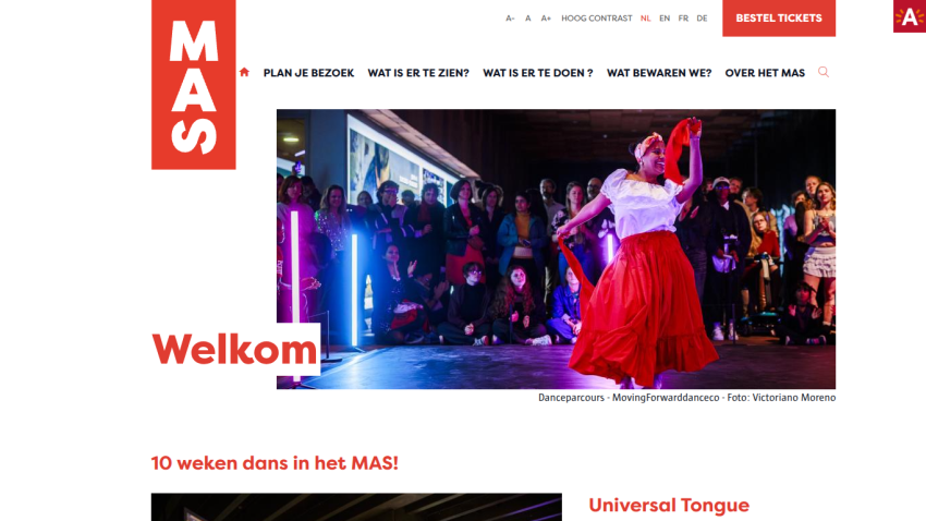 MAS website top section with navigation menu and a vibrant dance performance photo welcoming visitors