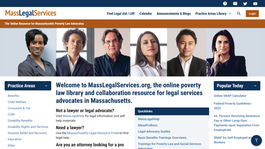 MassLegalServices homepage with navigation, portraits of diverse professionals, and welcome text for Massachusetts poverty law advocates