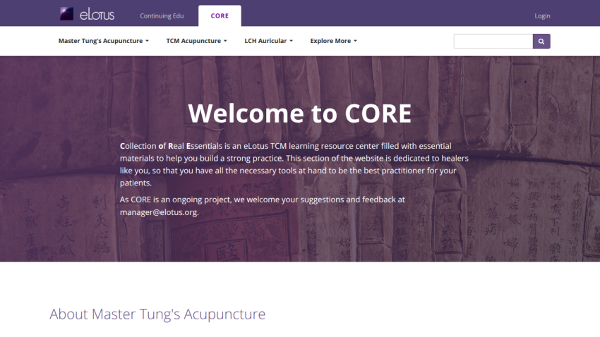 eLotus CORE learning resource center for TCM with navigation and welcome message about essential materials for practitioners.