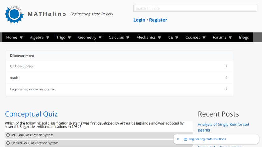 Math review website with navigation menu and conceptual quiz section.