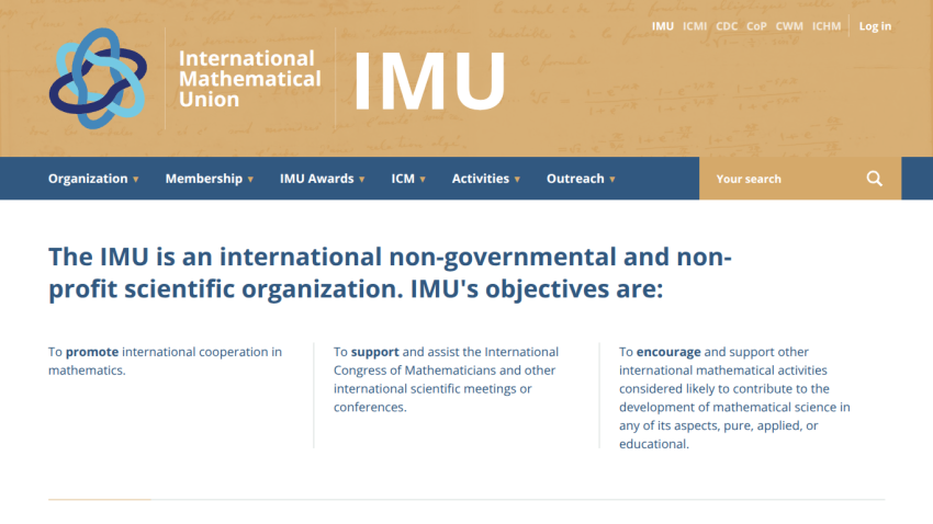 International Mathematical Union homepage with objectives listed.
