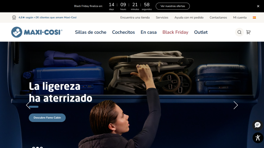 Maxi-Cosi website with navigation and hero section showing lightweight travel gear and a woman reaching for luggage