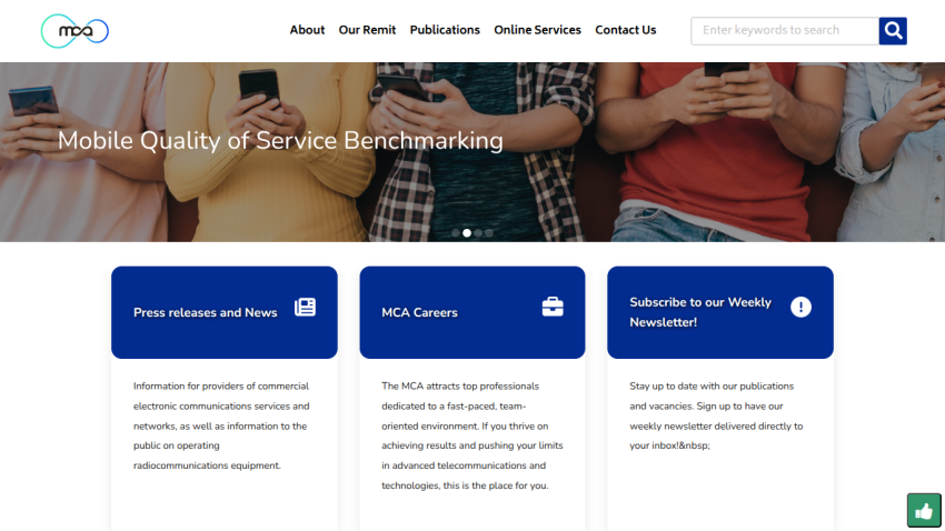 Mobile Quality of Service Benchmarking homepage with navigation and sections for press releases, careers, and newsletter subscription.