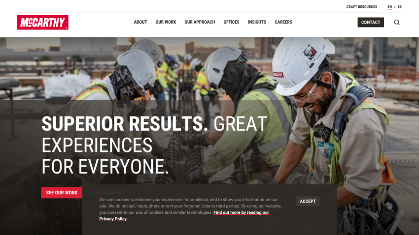 Construction workers in helmets with text promoting superior results and experiences.