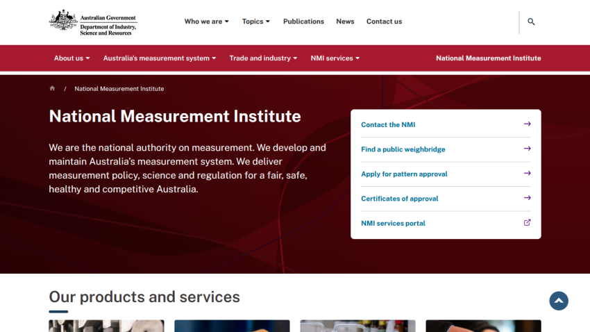 National Measurement Institute homepage with overview and quick links to contact, public weighbridge, pattern approval, certificates, and services portal