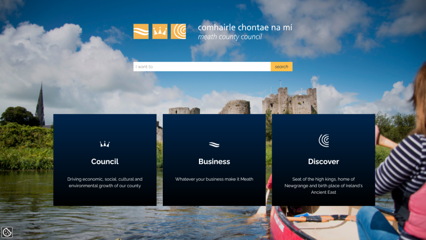Meath County Council homepage with search bar and sections for Council, Business, and Discover over a river background