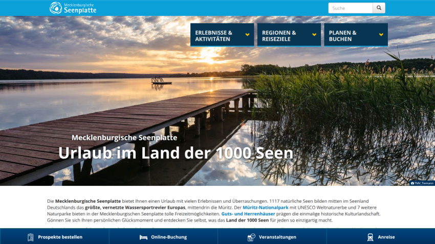 Travel website Mecklenburgische Seenplatte promoting vacations in the land of 1000 lakes with scenic lake pier at sunset