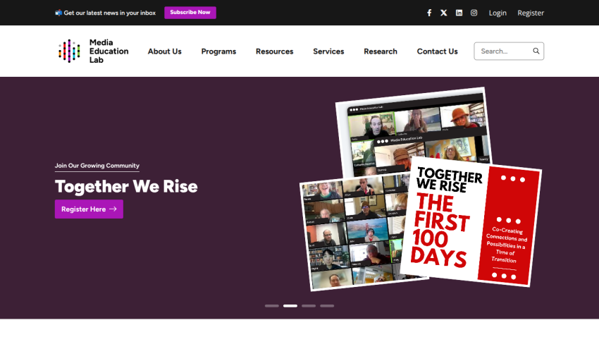 Media Education Lab homepage with navigation and hero section promoting community registration 'Together We Rise'