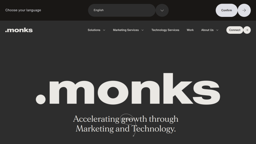 .monks website homepage with tagline 'Accelerating growth through Marketing and Technology' and top navigation menu