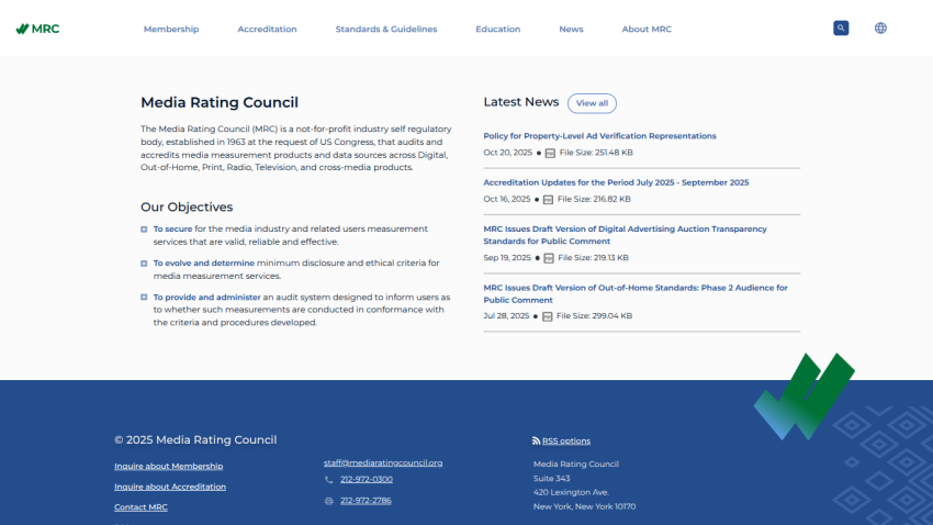 Media Rating Council homepage with mission statement, objectives, and latest news updates