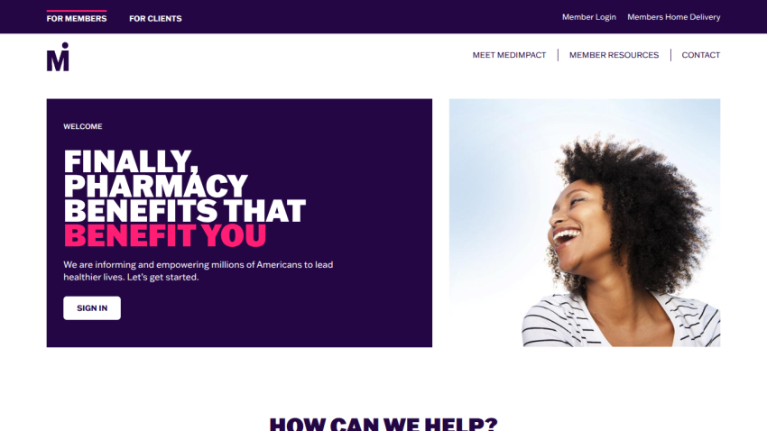 Homepage featuring pharmacy benefits with a call to action to sign in.