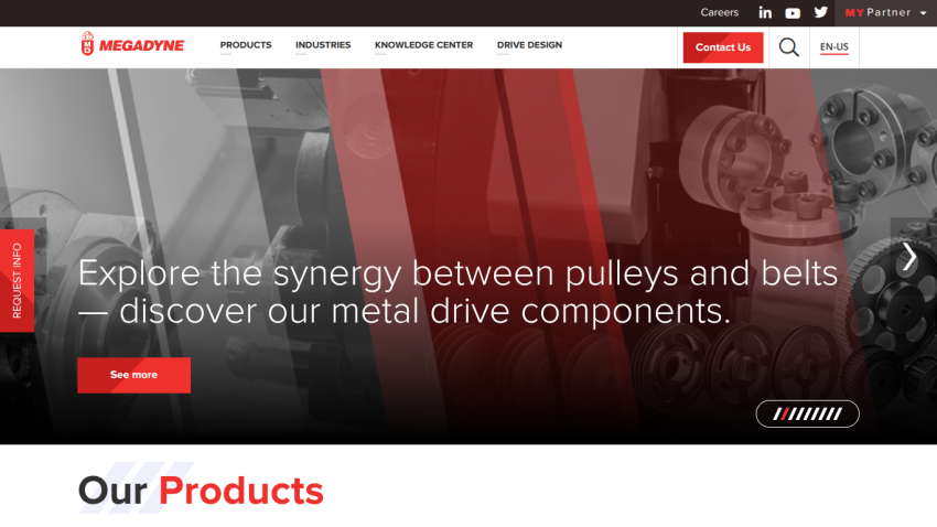 Hero section promoting metal drive components with a call to action to explore products.