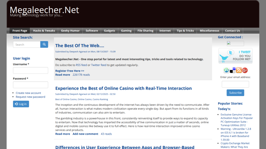 Megaleecher.Net homepage with technology tips, online casino article, user login, and popular stories sections
