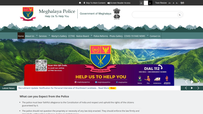 Meghalaya Police website homepage with navigation menu, hero banner promoting online CCTNS services, emergency dial 112 info, and latest news ticker.