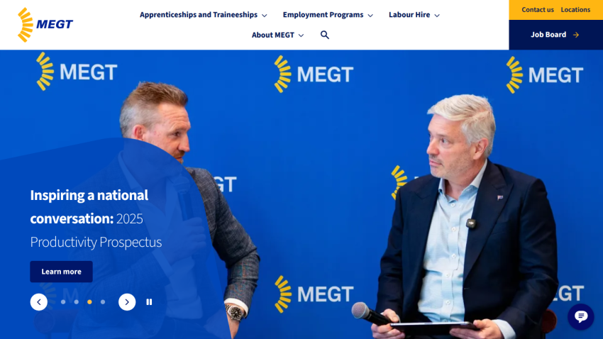MEGT website header with navigation and hero section featuring two men discussing the 2025 Productivity Prospectus