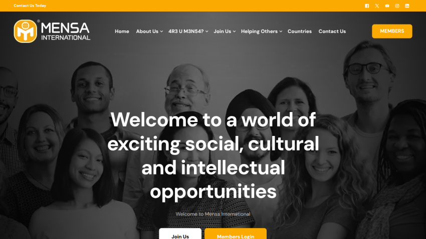 Homepage of Mensa International promoting social, cultural, and intellectual opportunities.