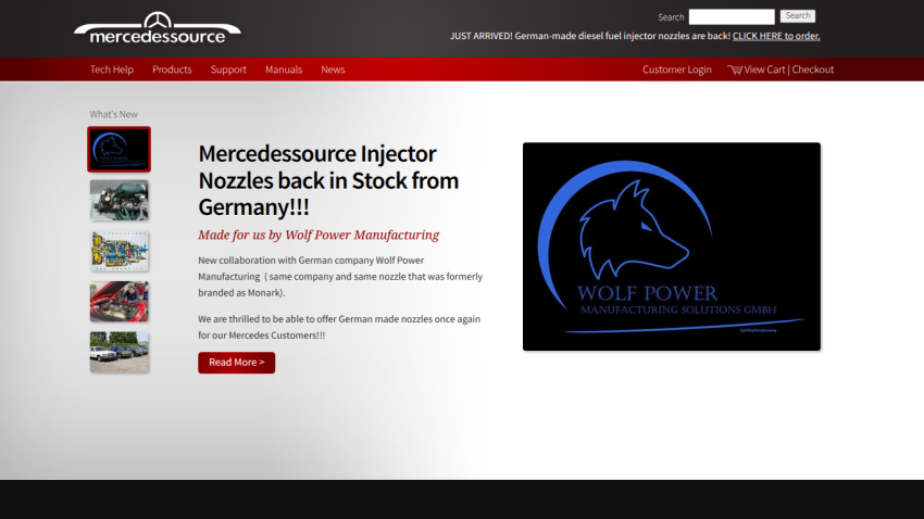 Mercedes source website featuring injector nozzles back in stock and Wolf Power Manufacturing.