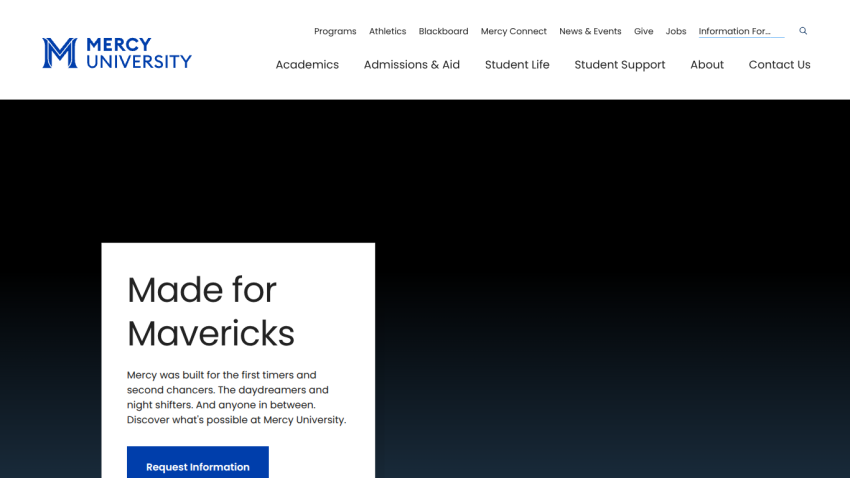 Mercy University homepage featuring 'Made for Mavericks' tagline and request information button.