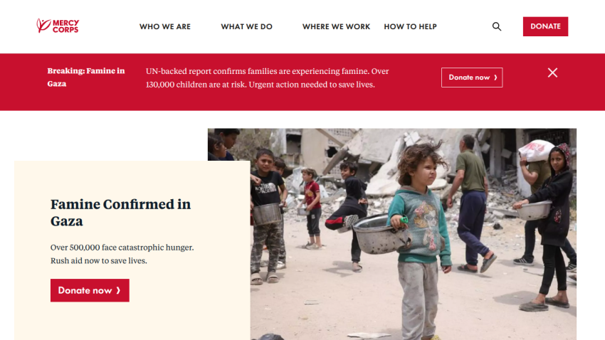 Homepage featuring a call to action about famine in Gaza with images of affected families.