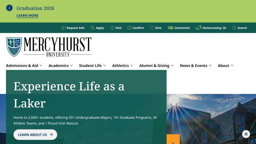 Homepage of Mercyhurst University featuring 'Experience Life as a Laker' and navigation links.