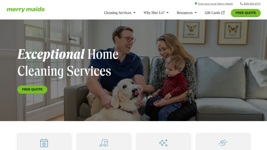 Family enjoying time with a dog, promoting exceptional home cleaning services.