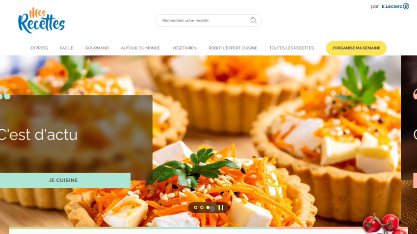 Recipe website homepage with navigation and featured savory tart recipes
