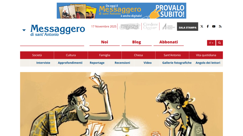 Homepage of Messaggero di sant'Antonio with navigation menu and cartoon illustration of two people interacting