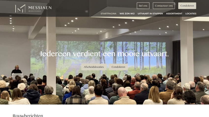 Funeral service website with a large audience facing a speaker and text about deserving a beautiful funeral.