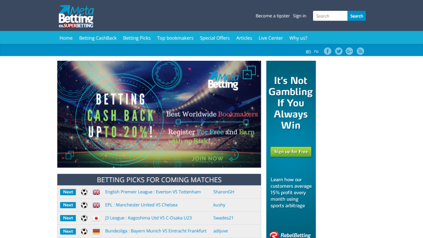 Betting site offering cashback up to 20% with upcoming match betting picks.
