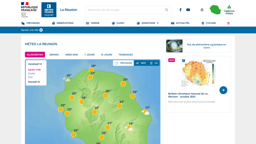 Weather map of La Réunion with temperature icons and navigation menu above