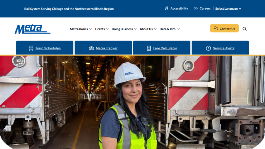 Metra homepage featuring navigation options and a woman in a hard hat near train cars.