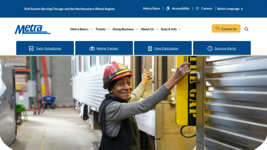 Metra homepage featuring a smiling worker in a hard hat, with navigation options below.
