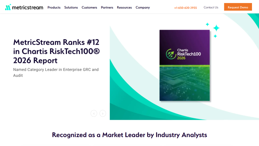 MetricStream homepage showing ranking as #12 in Chartis RiskTech100® 2026 report with industry leader recognition