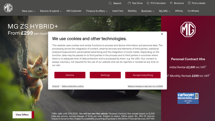 MG ZS Hybrid+ car advertisement with pricing and personal contract hire details