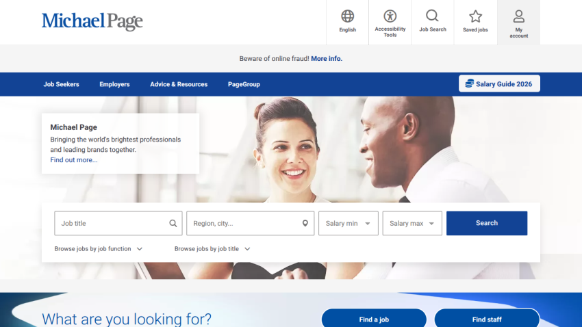 Job search homepage with navigation, salary guide, and search form for job title, location, and salary range